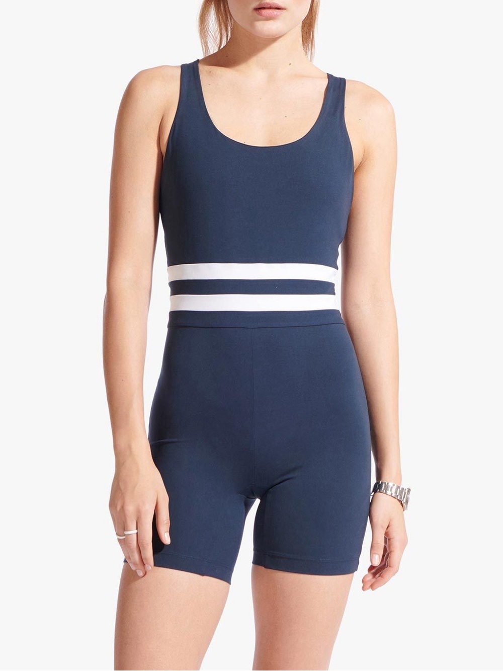 New Balance x STAUD varsity sporty stripe romper onesie in navy & white